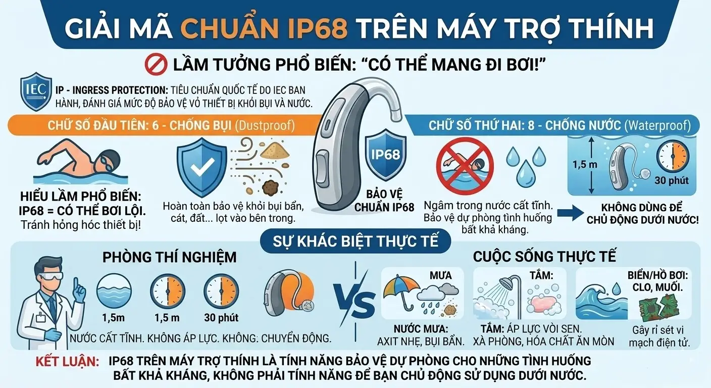 Đeo máy trợ thính khi đi mưa, đi tắm có sao không