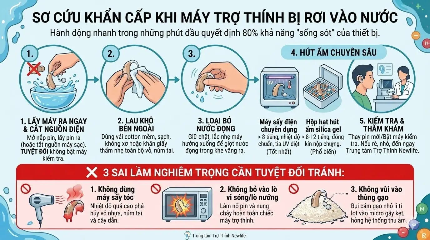 Hướng dẫn "Sơ cứu" khẩn cấp khi máy trợ thính bị rơi vào nước